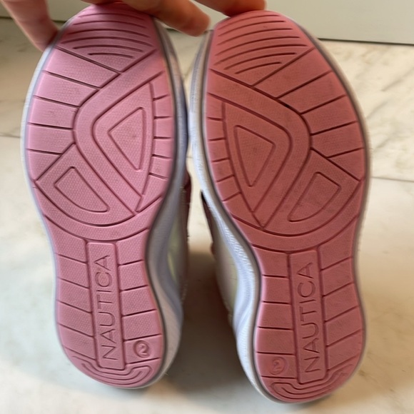Nautica, girls 2, pink and iridescent white stretchy sock boot sneakers - Picture 8 of 9